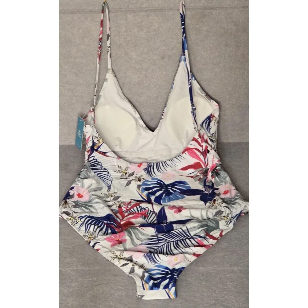 CUPSHE One Piece Swimsuit Sz 2XL Womens Tropical Floral Blue, Purple V Neck NWT